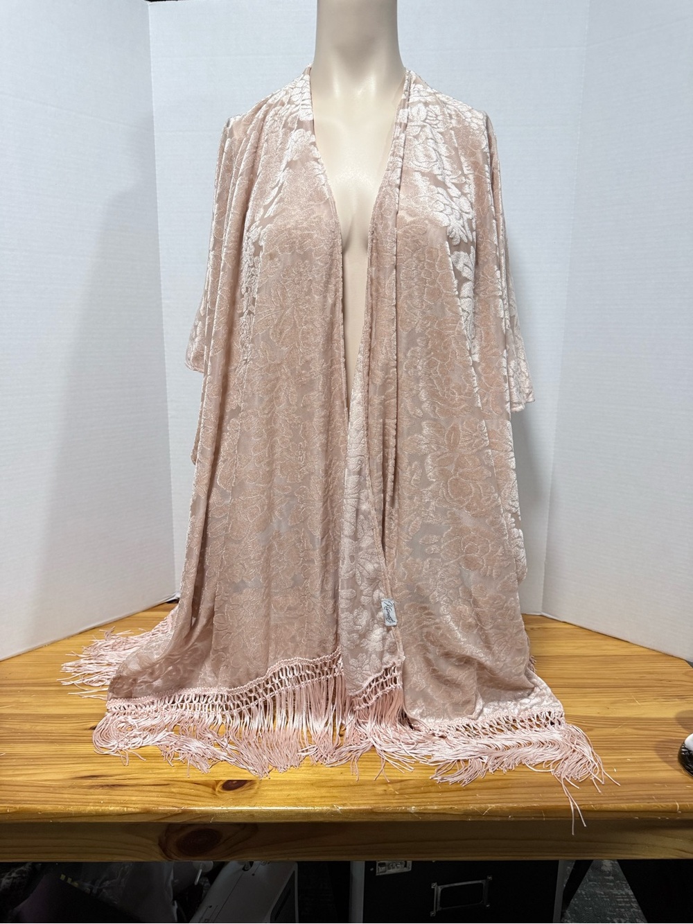 Kismet Blush Pink Floral Velvet Kimono with Fringe Trim